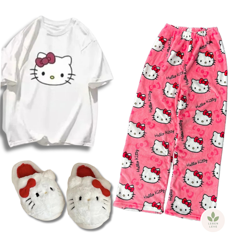 Conjunto Hello Kitty: Calça + Blusa + Pantufa