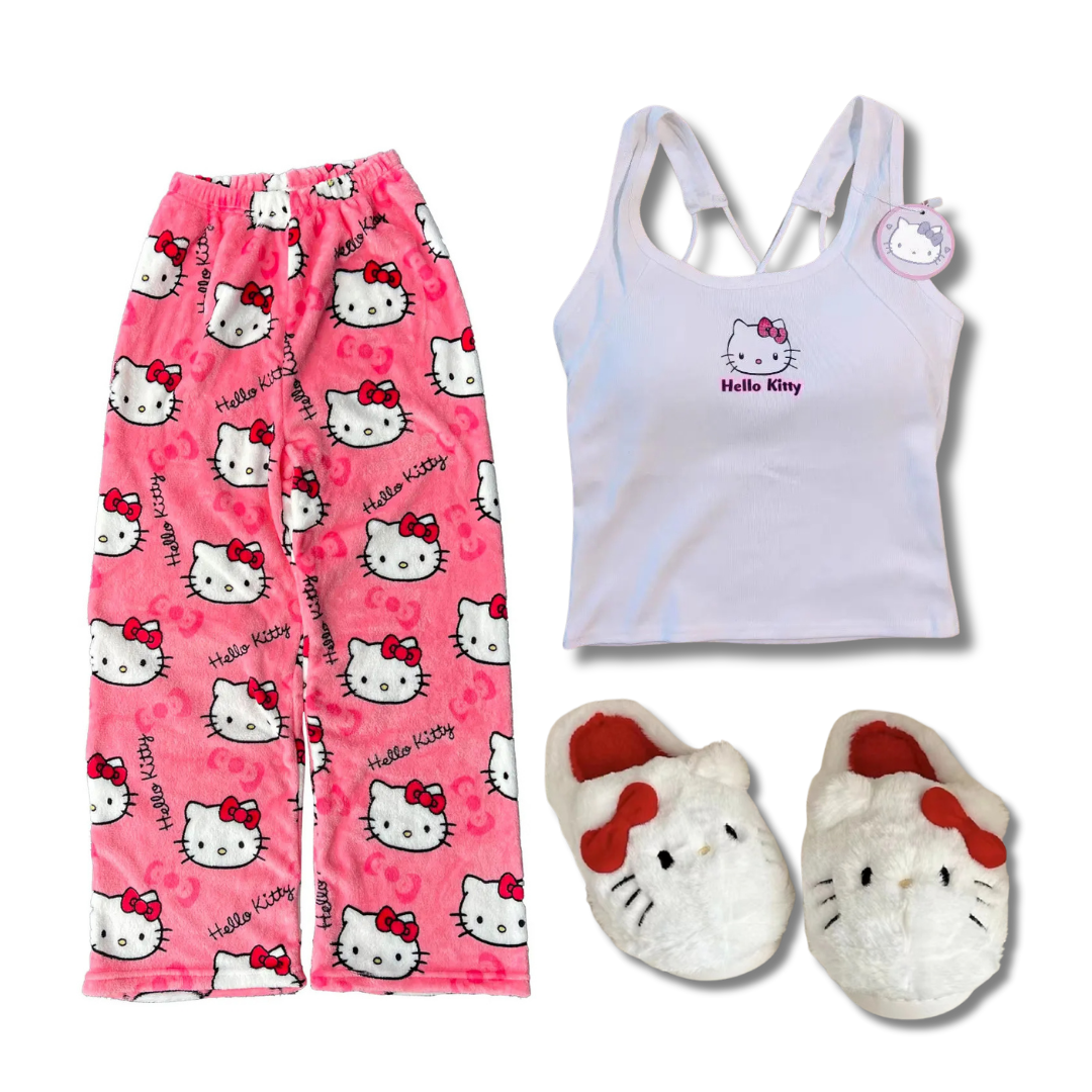 Pijama Completo Hello Kitty: Calça + Blusa + Pantufa