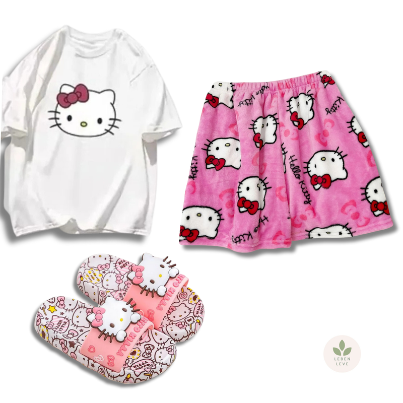 Conjunto Hello Kitty Verão: Shortinho + Blusa + Chinelo