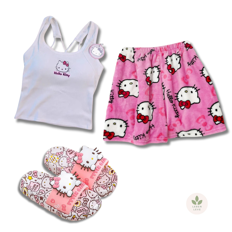 Conjunto Hello Kitty Verão: Shortinho + Blusa + Chinelo