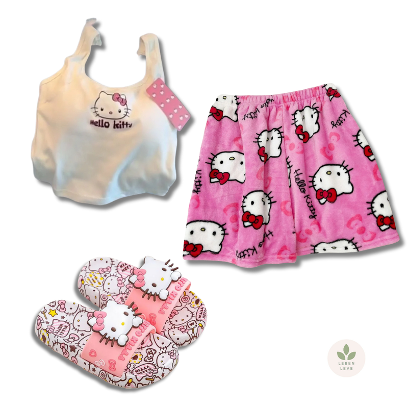 Conjunto Hello Kitty Verão: Shortinho + Blusa + Chinelo